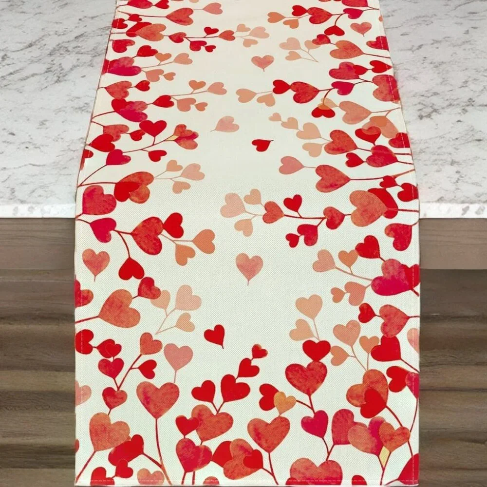 Valentines Day Table Runner Heart Dining Cloth Cottage Red Wedding Decor 13x60